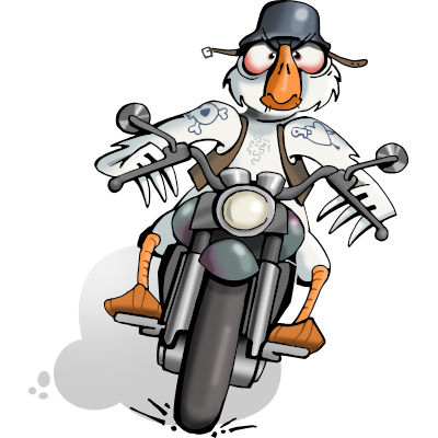 Eine Rocker-Gans mit Helm und Tattoos auf einem Motorrad.
