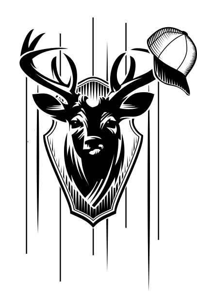 Schwarz-weiß-Zeichnung: Hirschschädel, an dessen Geweih ein Baseball-Cap hängt